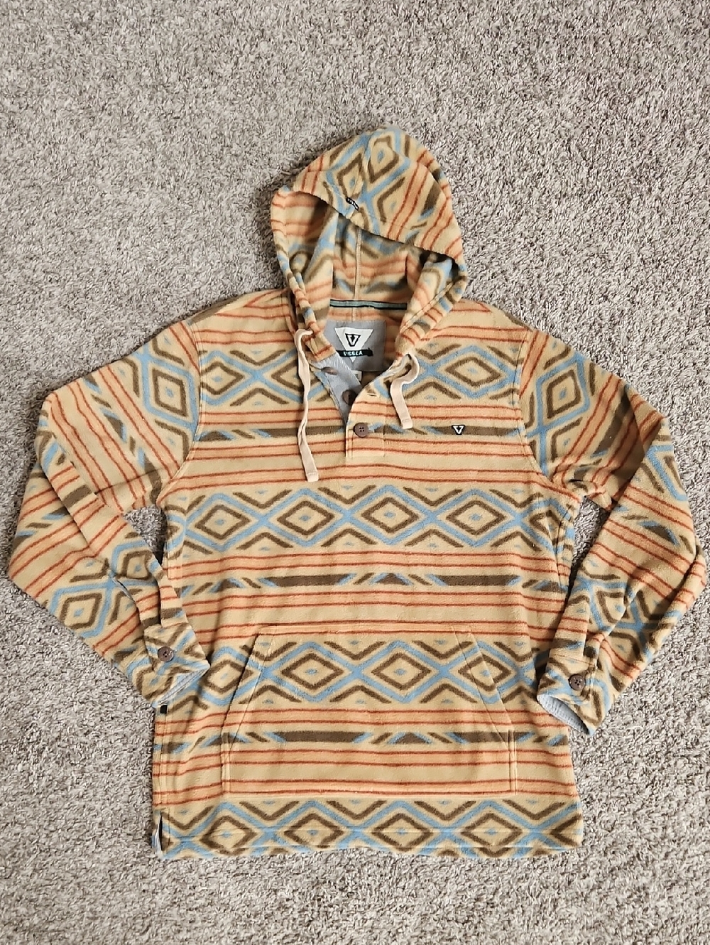 VISSLA Striped Tribal Fleece Hoodie in Tan, Blue & Coral